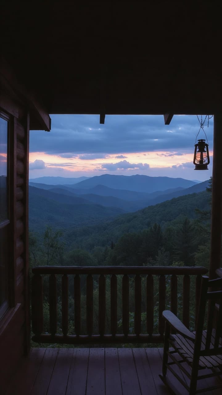 A cabin porch overlooking the Blue Ridge Mountains at dusk